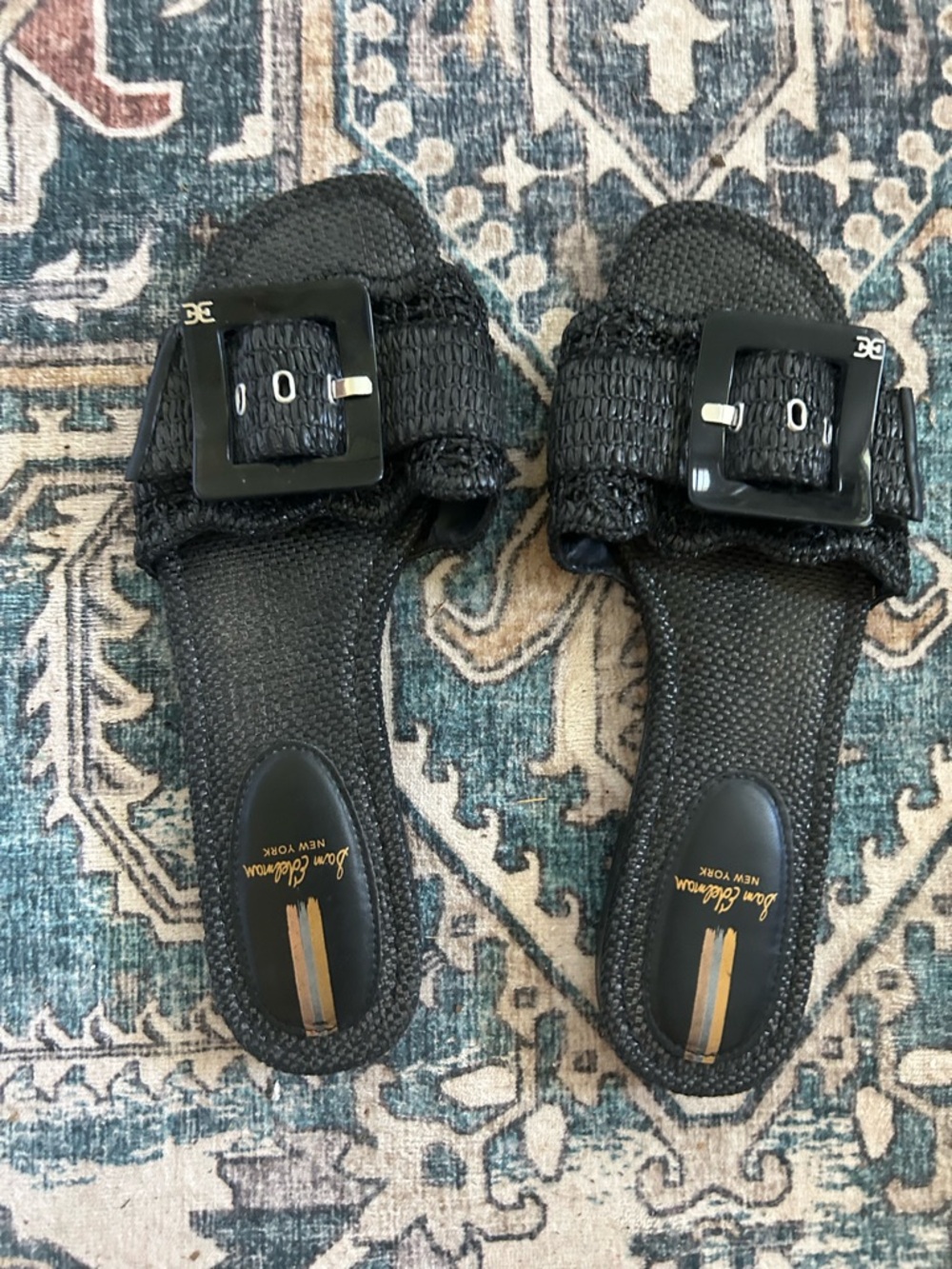 Sam Edelman Black Woven Slide Sandals with Square Buckle Size 10